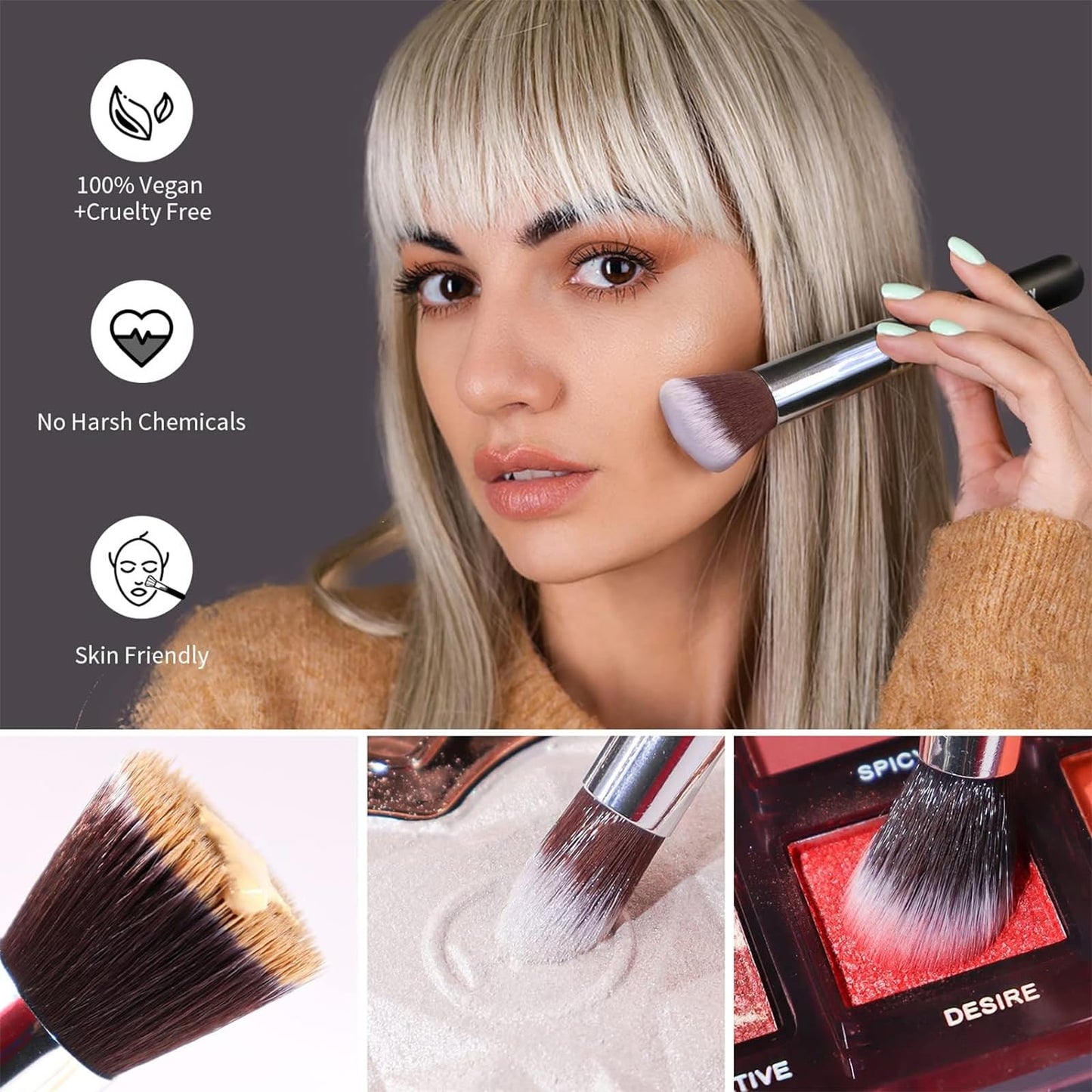 BEAKEY Diversity Makeup Brushes 12 Pcs Makeup Kit, Premium Synthetic Kabuki Foundation Face Powder Concealer Eyeshadow Blush Set, with 2 Pcs Blender Sponges (Black/Silver)