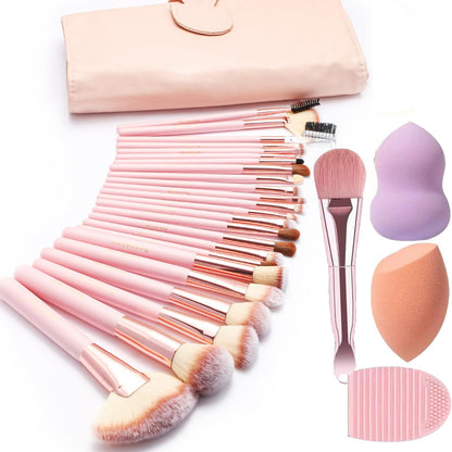 NEVSETPO Makeup Brushes, Quality Make Up Brushes 28Pcs Makeup Brushes Set Professional & Beginner Make-up Sets & Case, Brushes & Sponges,Travel-Friendly Roll-up Beauty Gift Sets for Women, PINK