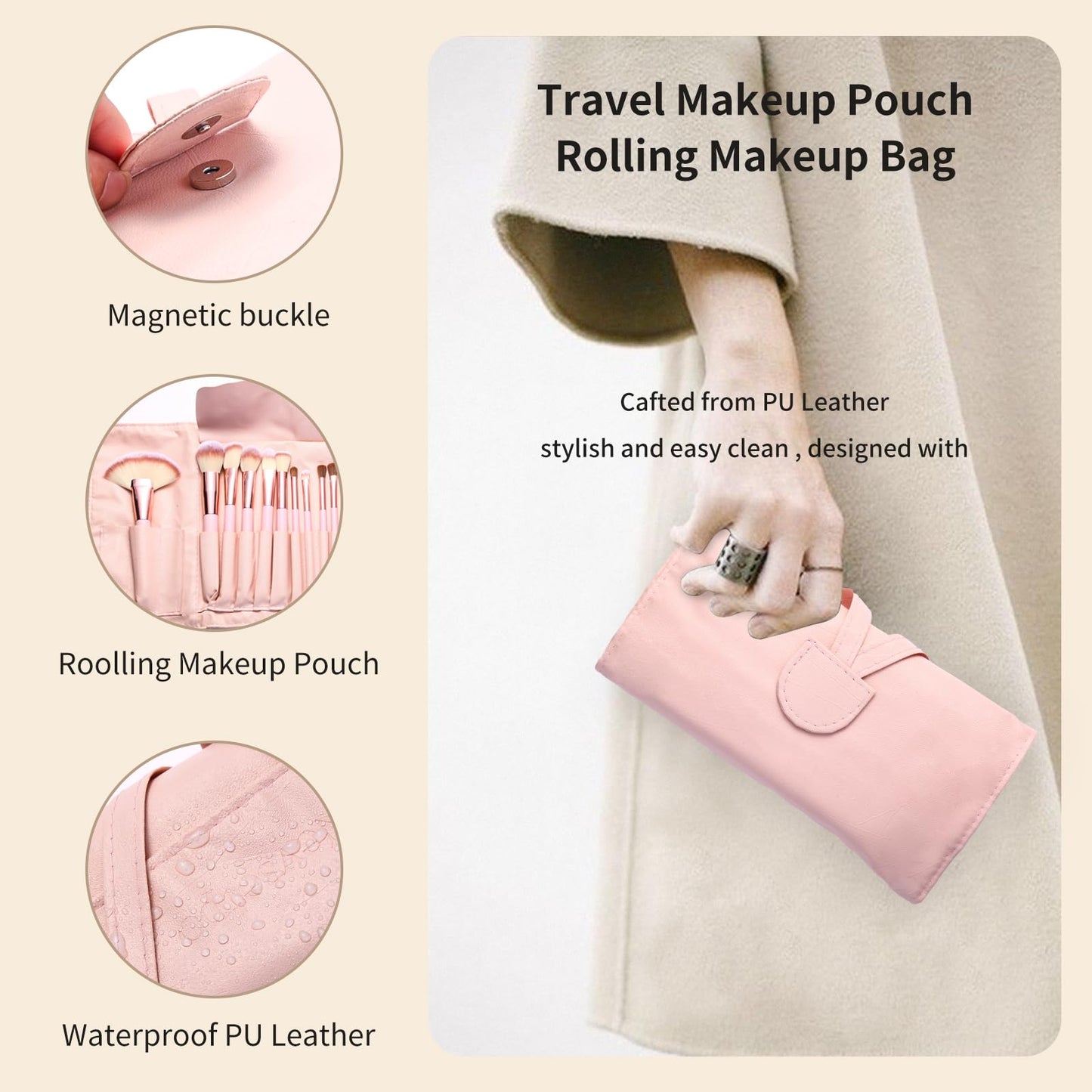 NEVSETPO Makeup Brushes, Quality Make Up Brushes 28Pcs Makeup Brushes Set Professional & Beginner Make-up Sets & Case, Brushes & Sponges,Travel-Friendly Roll-up Beauty Gift Sets for Women, PINK