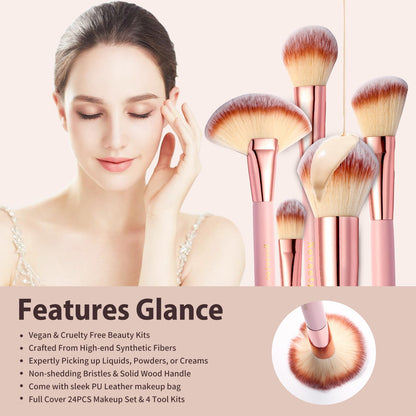 NEVSETPO Makeup Brushes, Quality Make Up Brushes 28Pcs Makeup Brushes Set Professional & Beginner Make-up Sets & Case, Brushes & Sponges,Travel-Friendly Roll-up Beauty Gift Sets for Women, PINK