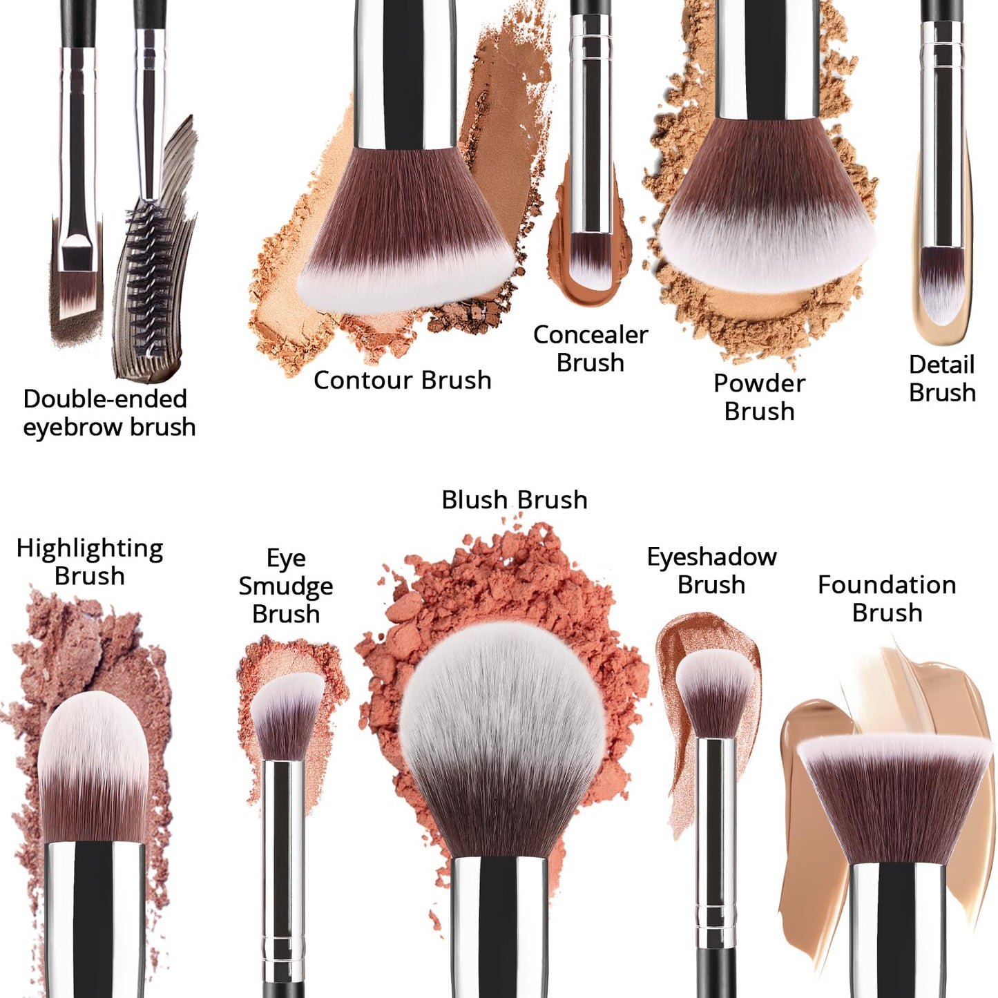 BEAKEY Diversity Makeup Brushes 12 Pcs Makeup Kit, Premium Synthetic Kabuki Foundation Face Powder Concealer Eyeshadow Blush Set, with 2 Pcs Blender Sponges (Black/Silver)